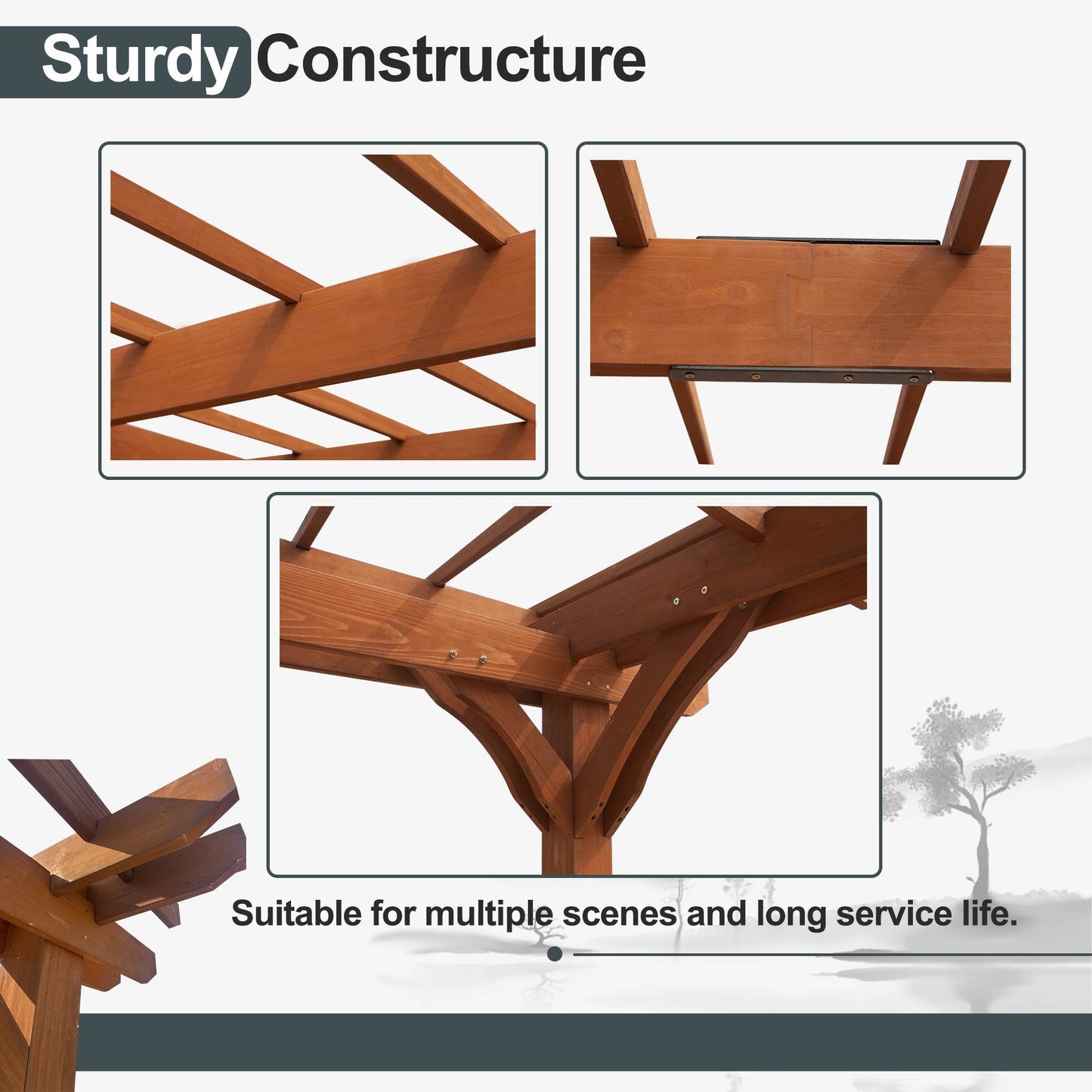 Light Brown Traditional Outdoor All Solid Fir Wood Patio Pergola Shade Structure