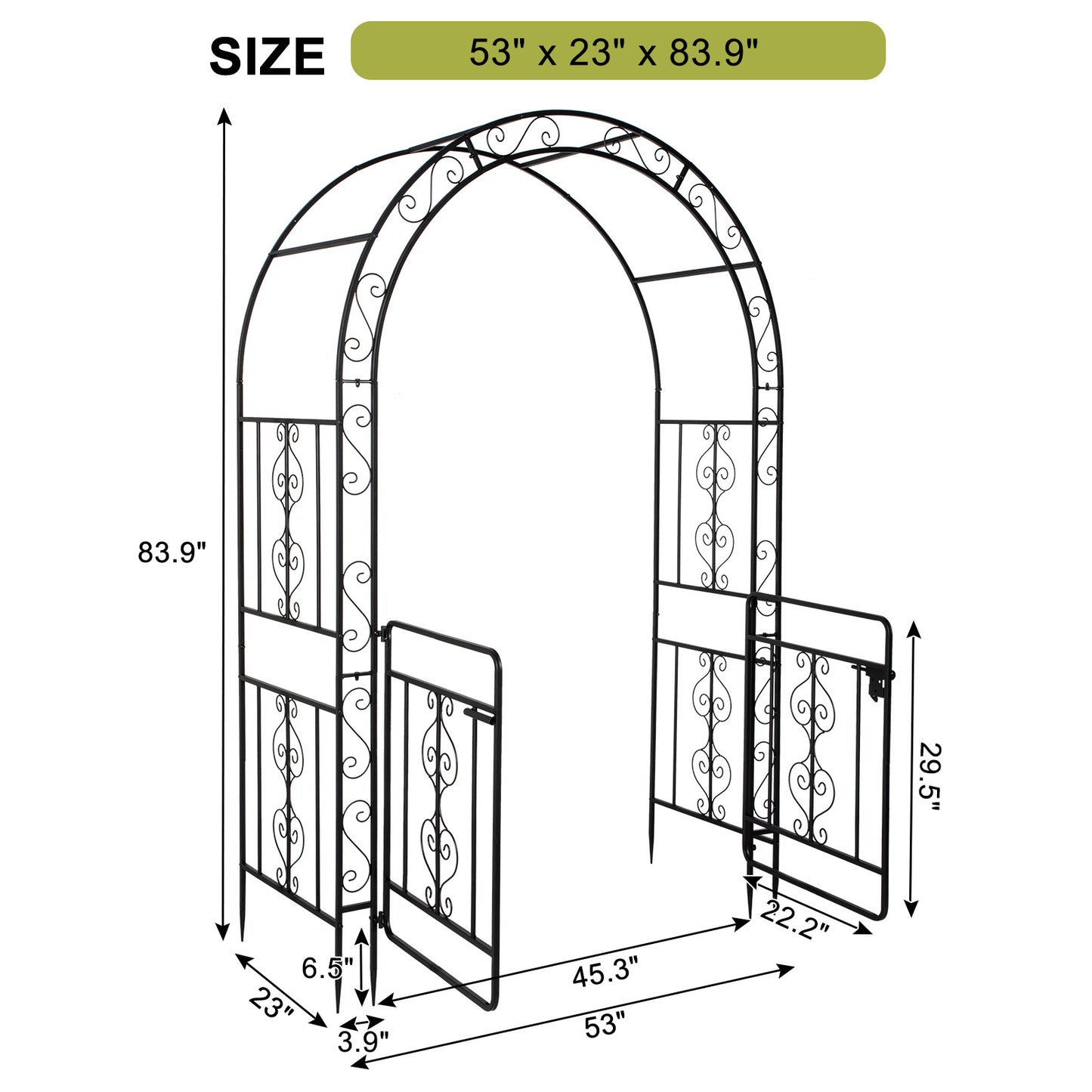Iron Garden Trellis Arch with  Gates – Sturdy Black Iron Trellis for Climbing Plants & Events