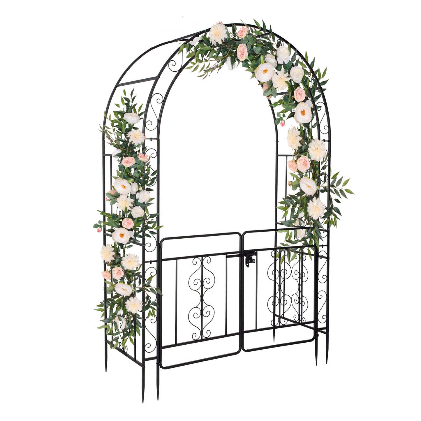 Iron Garden Trellis Arch with  Gates – Sturdy Black Iron Trellis for Climbing Plants & Events