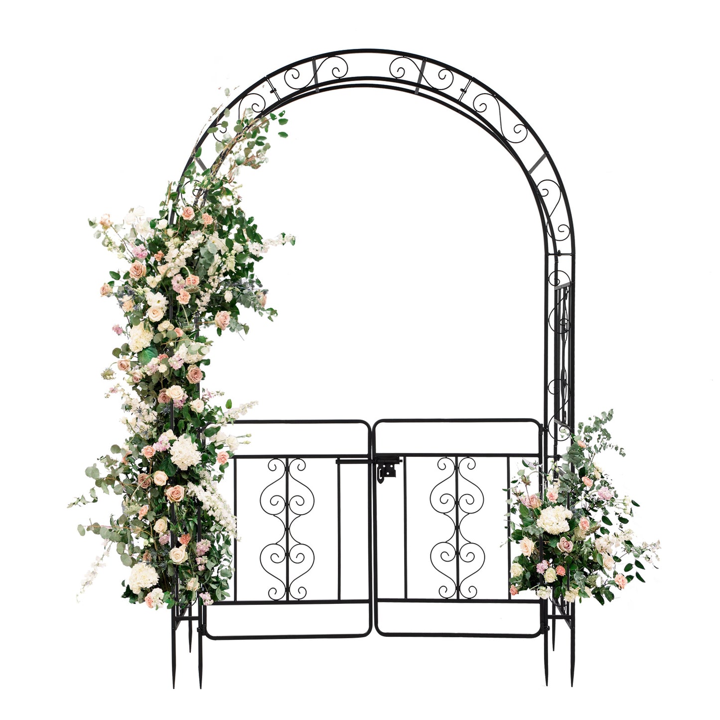 Iron Garden Trellis Arch with  Gates – Sturdy Black Iron Trellis for Climbing Plants & Events