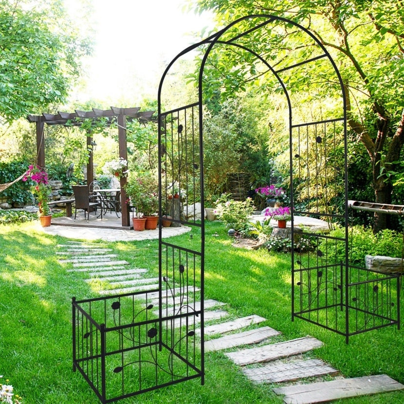 Metal Garden Arch with Plant Stands – Sturdy Black Iron Trellis for Climbing Plants