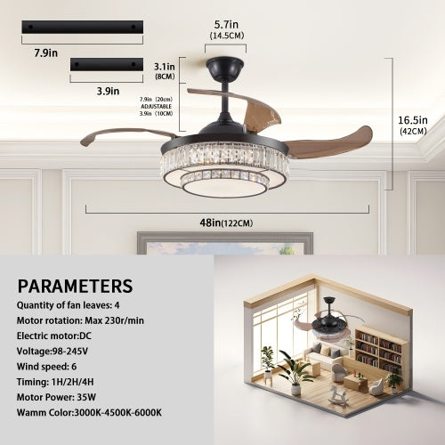 Modern LED Retractable Ceiling Fan with Light & Remote