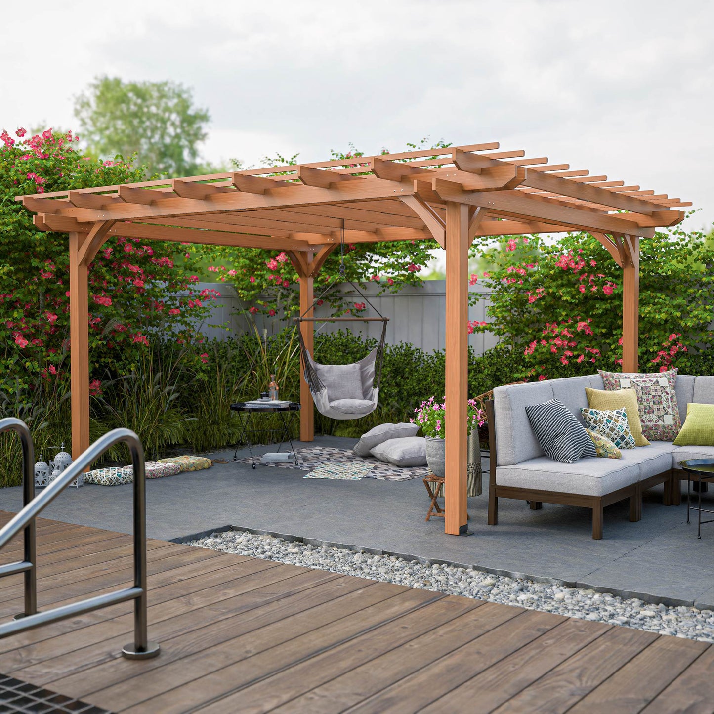 Light Brown Traditional Outdoor All Solid Fir Wood Patio Pergola Shade Structure