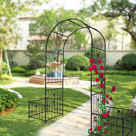 Metal Garden Arch with Plant Stands – Sturdy Black Iron Trellis for Climbing Plants