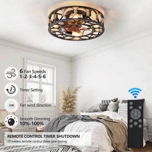 Cage Ceiling Fan with Light – 6-Speed Reversible Blades with Remote Control
