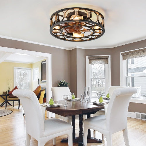 Cage Ceiling Fan with Light – 6-Speed Reversible Blades with Remote Control
