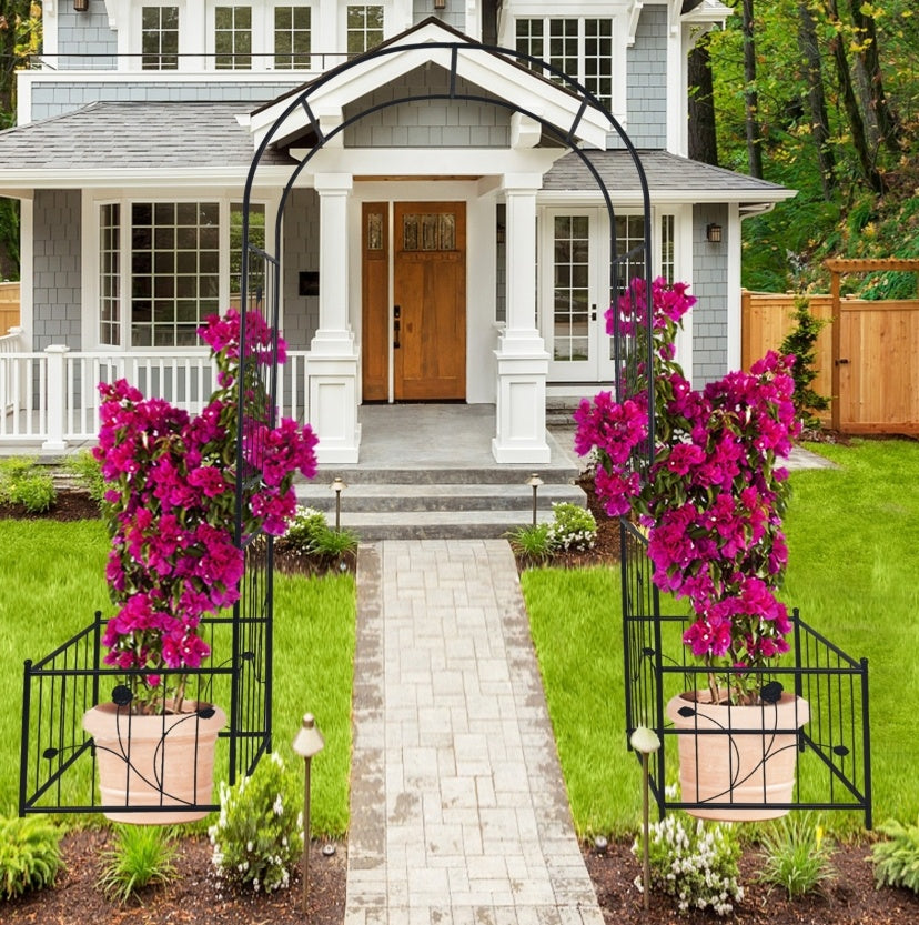 Metal Garden Arch with Plant Stands – Sturdy Black Iron Trellis for Climbing Plants