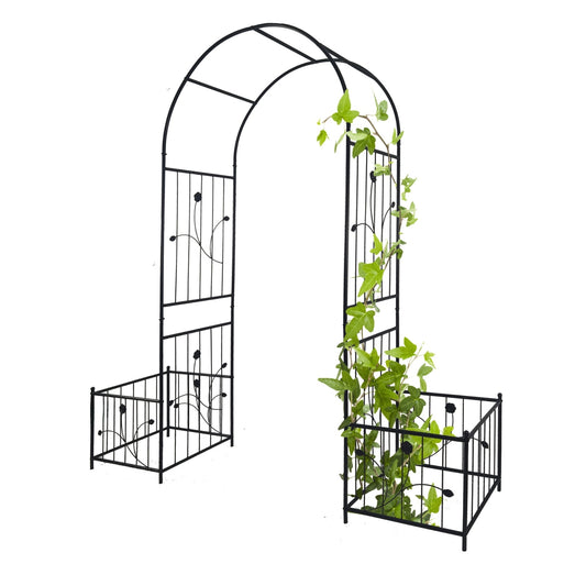 Metal Garden Arch with Plant Stands – Sturdy Black Iron Trellis for Climbing Plants