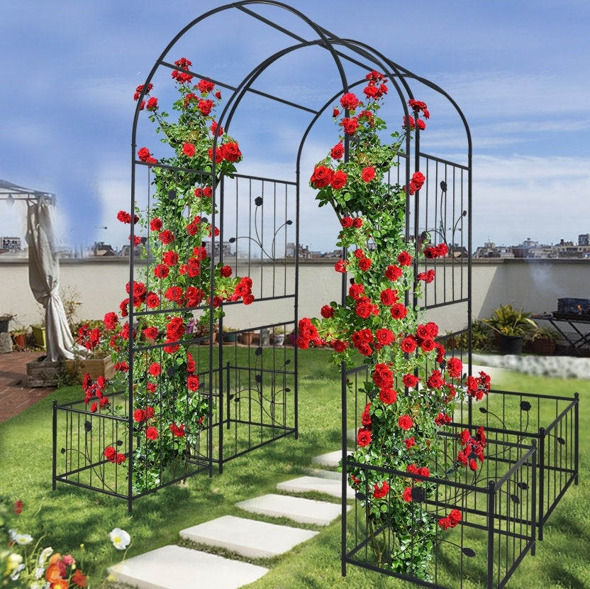 Metal Garden Arch with Plant Stands – Sturdy Black Iron Trellis for Climbing Plants