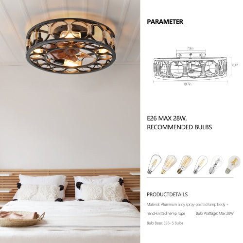 Cage Ceiling Fan with Light – 6-Speed Reversible Blades with Remote Control