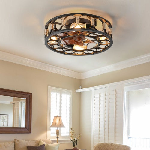 Cage Ceiling Fan with Light – 6-Speed Reversible Blades with Remote Control