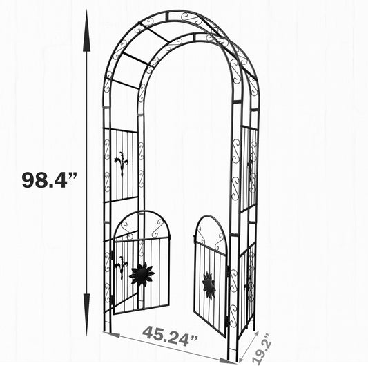Metal Garden Arch with Gates – Sturdy Black Iron Trellis for Climbing Plants & Events