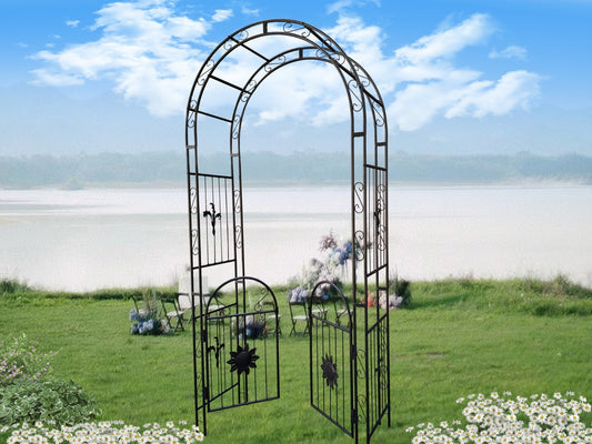 Metal Garden Arch with Gates – Sturdy Black Iron Trellis for Climbing Plants & Events