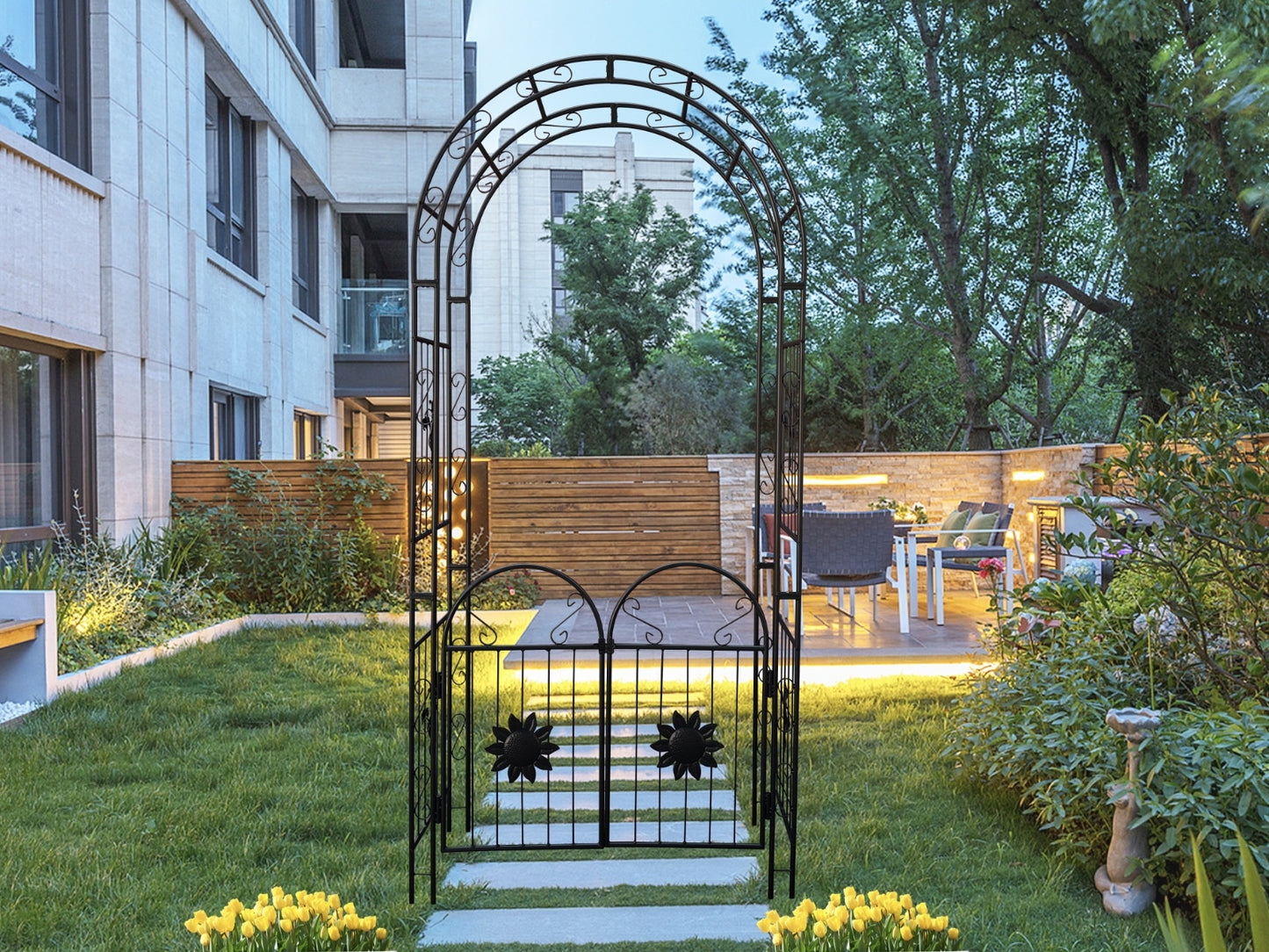 Metal Garden Arch with Gates – Sturdy Black Iron Trellis for Climbing Plants & Events