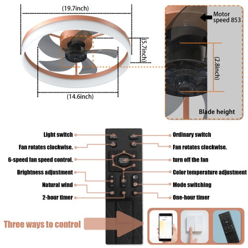 Ceiling Fan with Light Dimmable LED Recessed Mounted Slim Modern Ceiling Fan (Rose Gold)